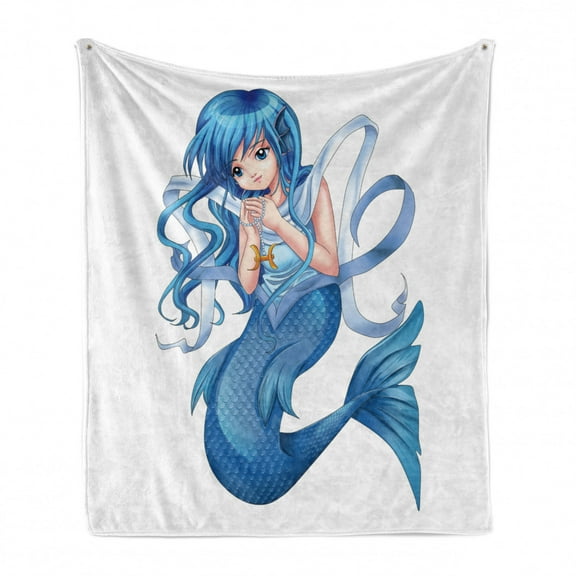 Anime Soft Flannel Fleece Throw Blanket, Manga Cartoon Style Character of a Pisces Girl Horoscope Zodiac Themed Avatar, Cozy Plush for Indoor and Outdoor Use, 50" x 70", Blue and White, by Ambesonne