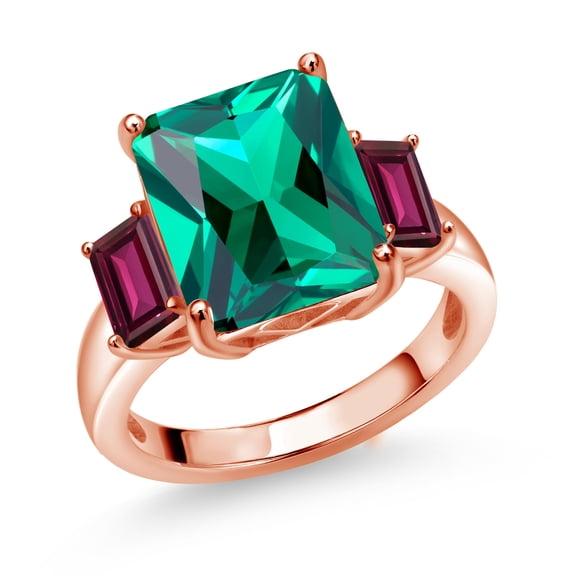 Gem Stone King 6.94 Ct Green Nano Emerald Red Rhodolite Garnet 18K Rose Gold Plated Silver 3-Stone Ring (Size 8)