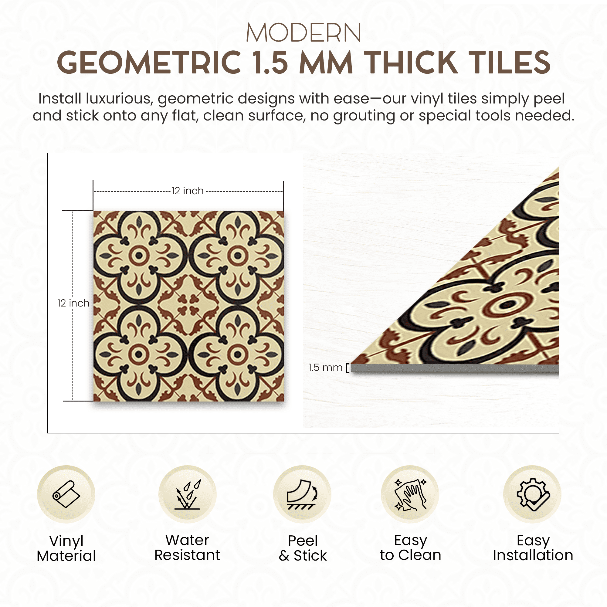 PowerSellerUSA Self-Stick Vinyl Modern Geometric Floor Tiles Ultra Durable 1.5mm Thick Tiles, 5-Pack/100 Square Ft., 12" x 12", Beige Burch