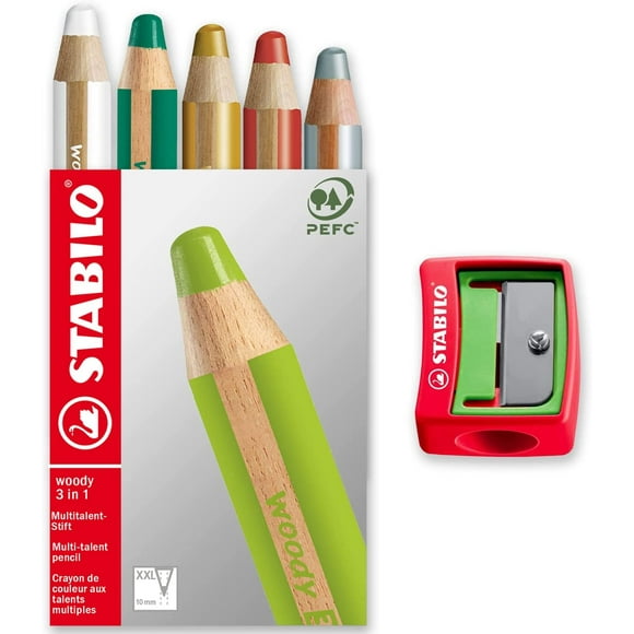 Crayon Multi-Talents - STABILO Boisé 3-en-1 - Boîte de 5 - Rouge, Vert Foncé, Blanc, Argent et Or + Aiguiseur