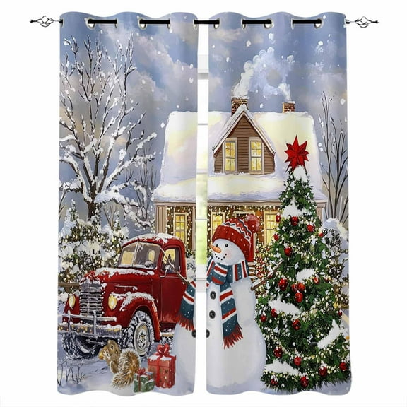 Farmhouse Christmas Blackout Curtains | Light Blocking Print Window Curtains, Snowman Xmas Tree Truck Snowflake Thermal Insulated Window Drapes for Living Room Kitchen (2 Panels, 104"W x 63"L)