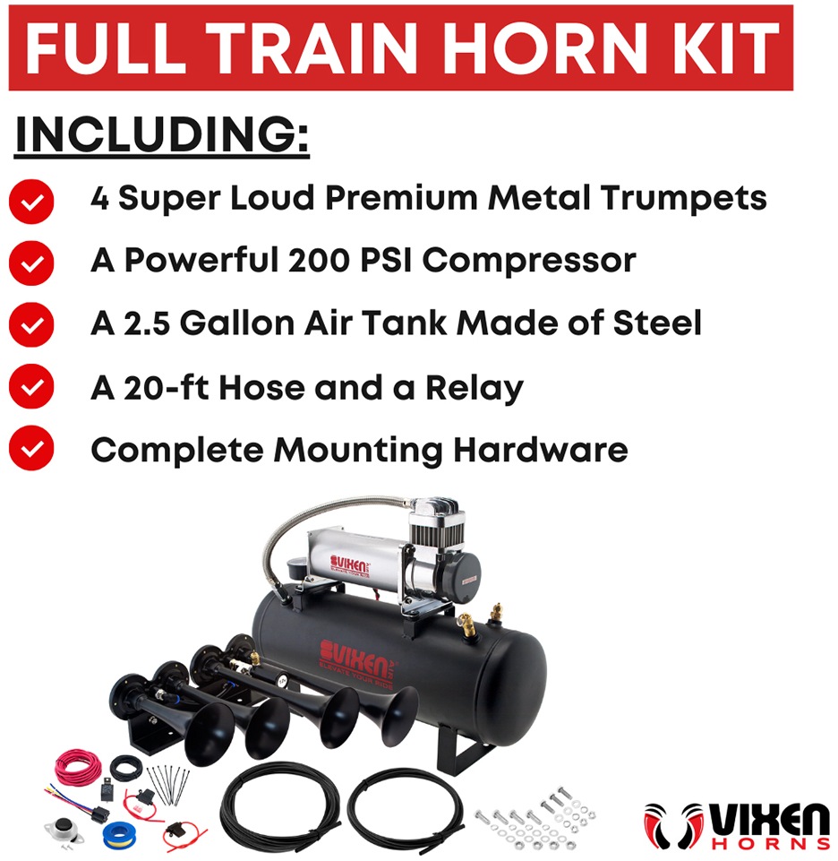 Vixen Horns Train Horn Kit for Trucks/Car/Semi. Complete Onboard System- 200psi  Air Compressor, 2.5 Gallon Tank, Trumpets. Super Loud dB. Fits Vehicles  like Pickup/Jeep/RV/SUV 12v VXPRO8824B