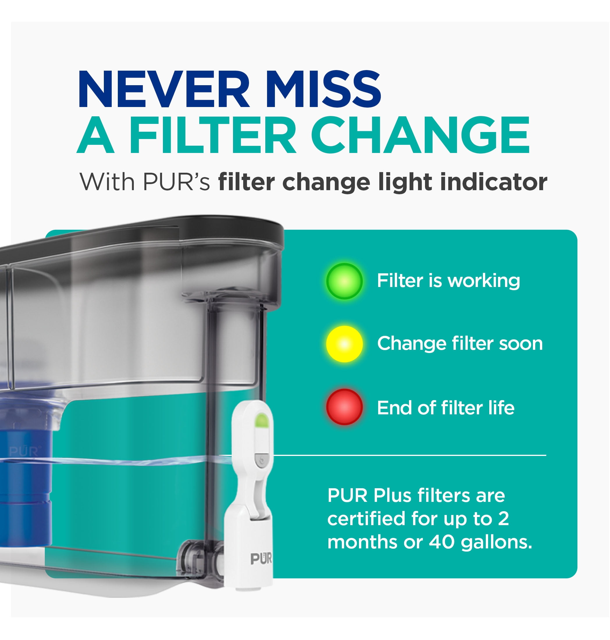 PUR PLUS 30-Cup Water Filter Dispenser with 1 Lead-Reducing PUR PLUS Filter, Dishwasher Safe, Powerful Filtration, Large Capacity with Slim, Space-Saving Design, Smoke (DS1811B)