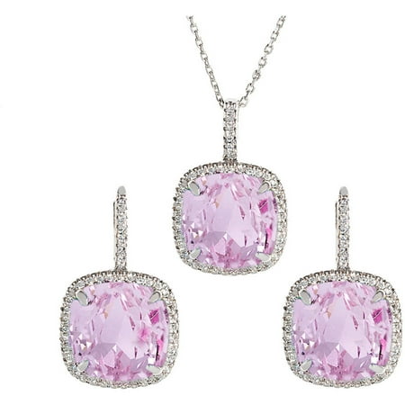 Pori Jewelers Square Pink CZ Crystal 18kt White Gold-Plated Sterling Silver Earrings and Pendant Set