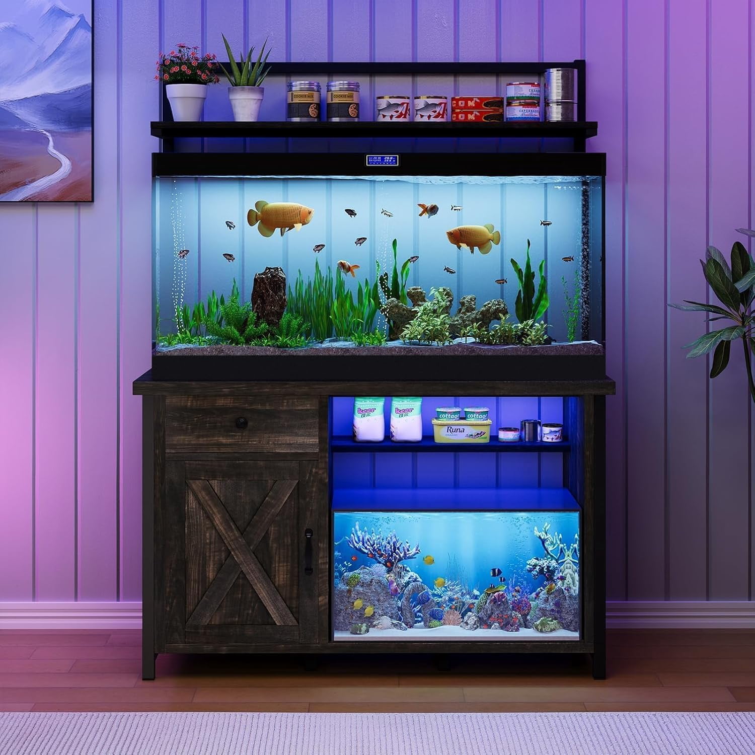 DreamCurship Fish Tank Stand with Power Outlet and Led Light, Cabinet for 55-75 Gallon Aquarium, RGB Lighting Strip Ideal for Turtle Enclosure, Supports up to 1100 Pounds, Oak