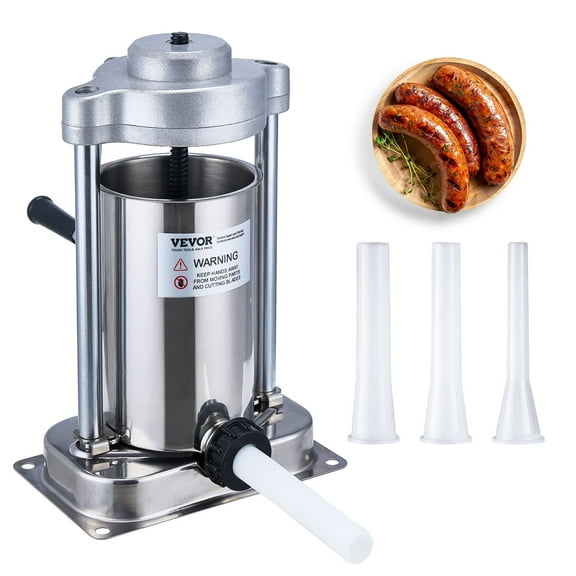 VEVOR Manual Sausage Stuffer, 2 L / 5 LBS Vertical Sausage Machine with G-type Clamp, Food-Grade 304 Stainless Steel Barrel with 2 Stuffing Tubes, for Home Kitchen Restaurant Commercial