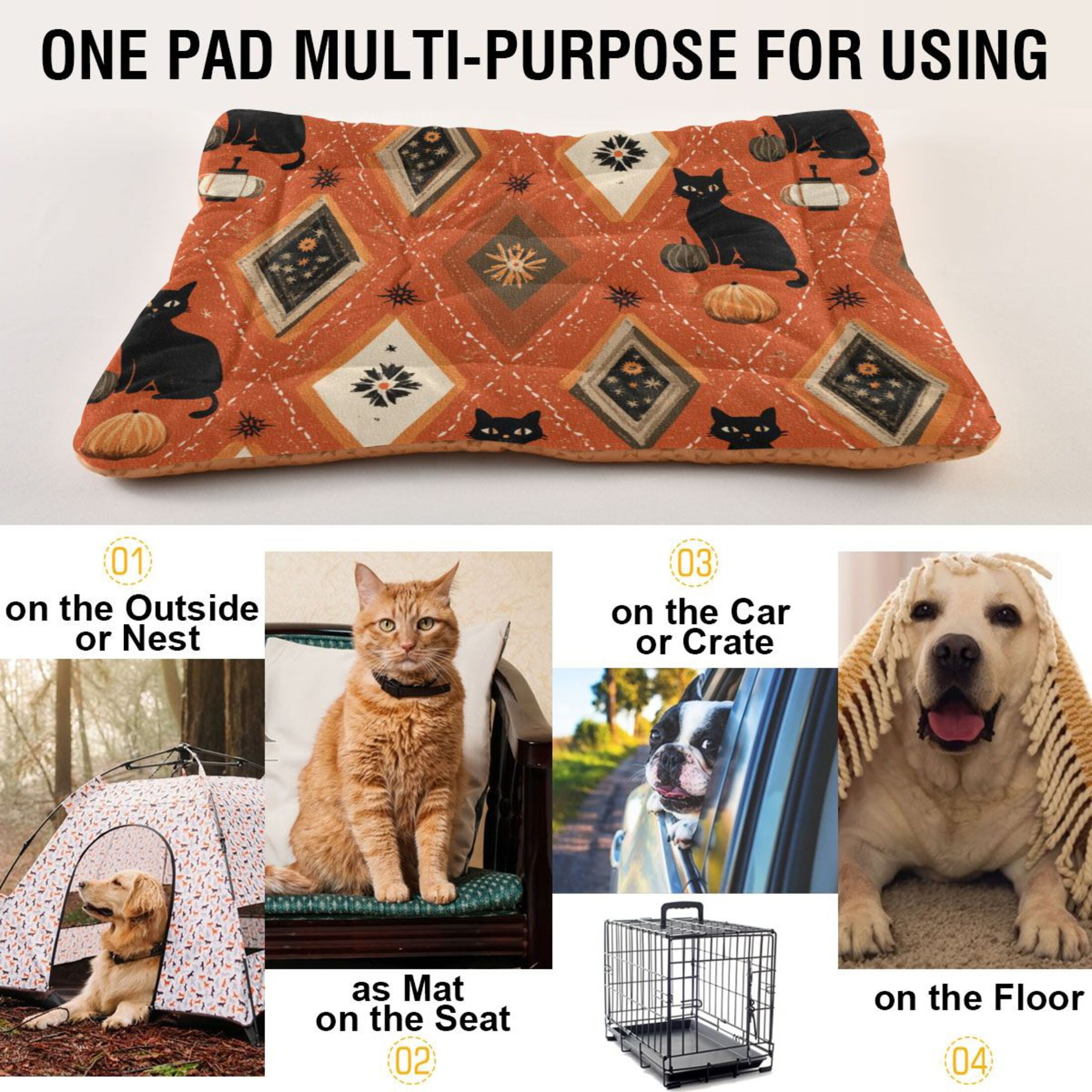 Cozy Mat Pet Bed Indoor Outdoor Warm Soft For Cat Dog Puppy(S/M) Pumpkins Black Cat