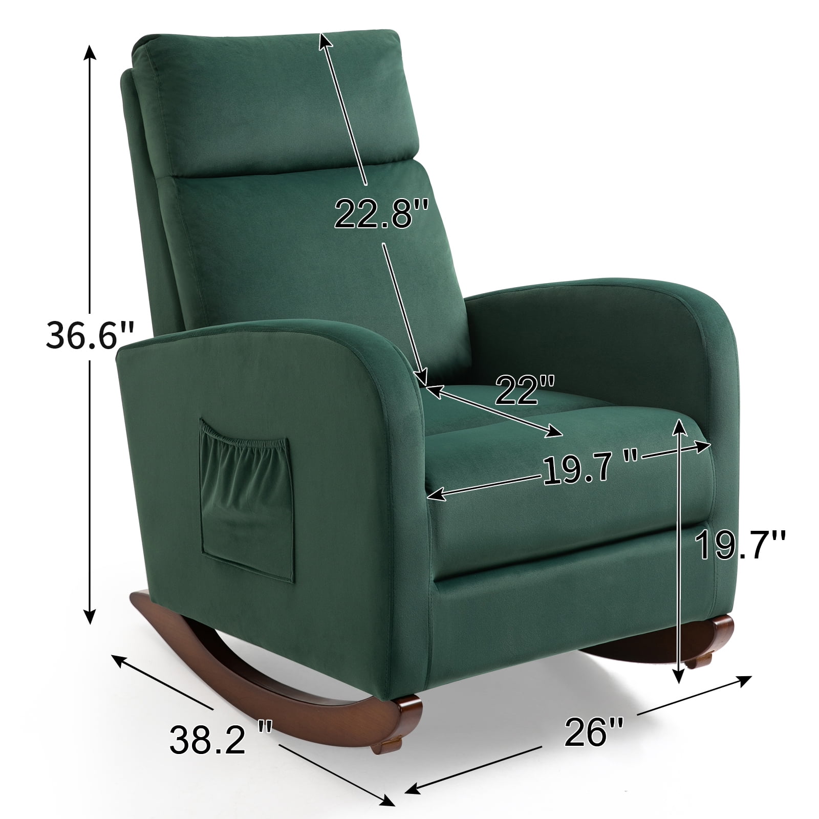 Homhum Mid-Century Nursery Rocking Chair, Upholstered Velvet High Back Arm Chair, Green