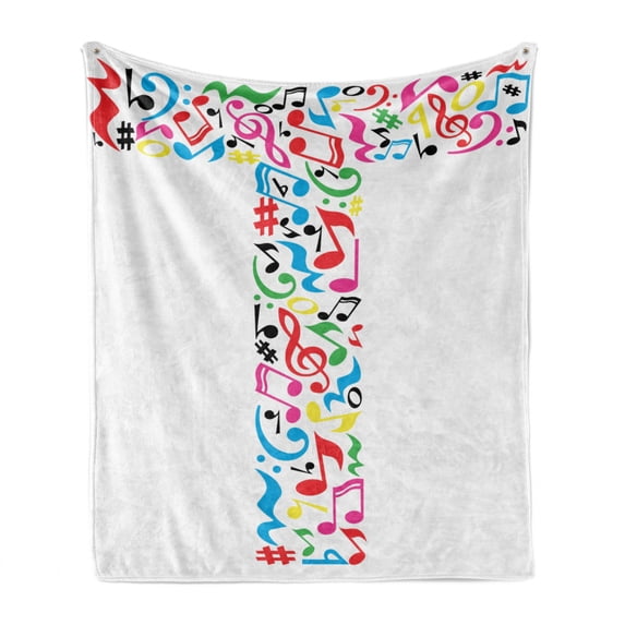 Letter T Soft Flannel Fleece Throw Blanket, Uppercase T Letter Colorful Sheet Music Elements Font Alphabet Design Art Style, Cozy Plush for Indoor and Outdoor Use, 50" x 60", Multicolor, by Ambesonne
