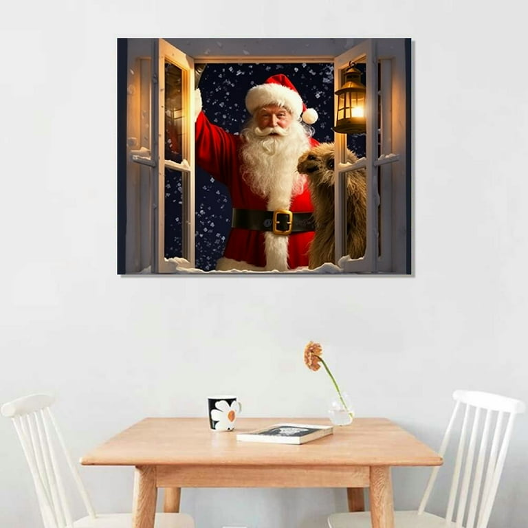 COMIO Canvas Print Wall Art Window Frame Style Wall Art Santa Claus Carrying Gifts Coming on Christmas Eve Giclee Print Modern Home Decor