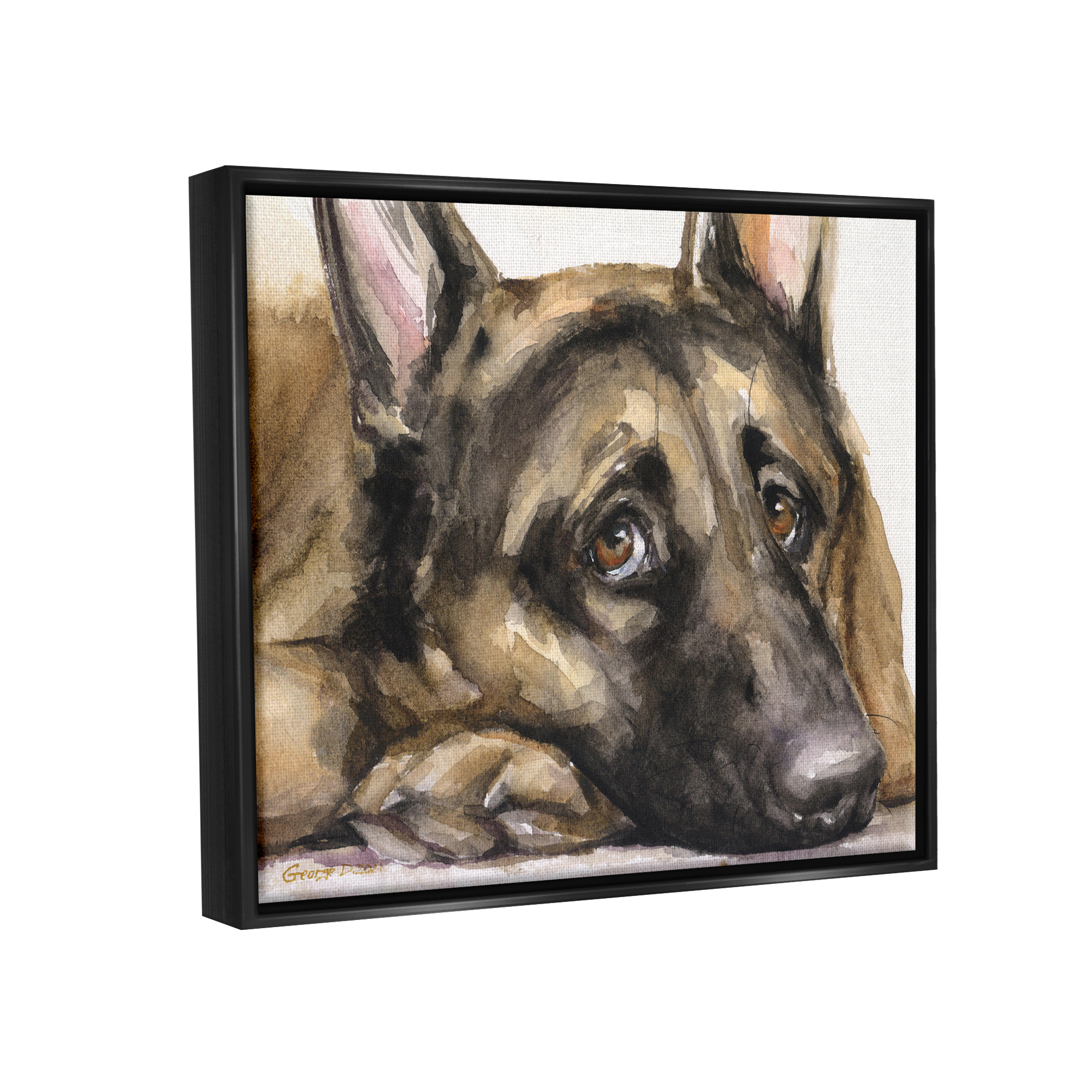 Stupell Industries Tired German Shepherd Dog Resting Head On Paw Painting Jet Black Floating Framed Canvas Print Wall Art, Design by George Dyachenko