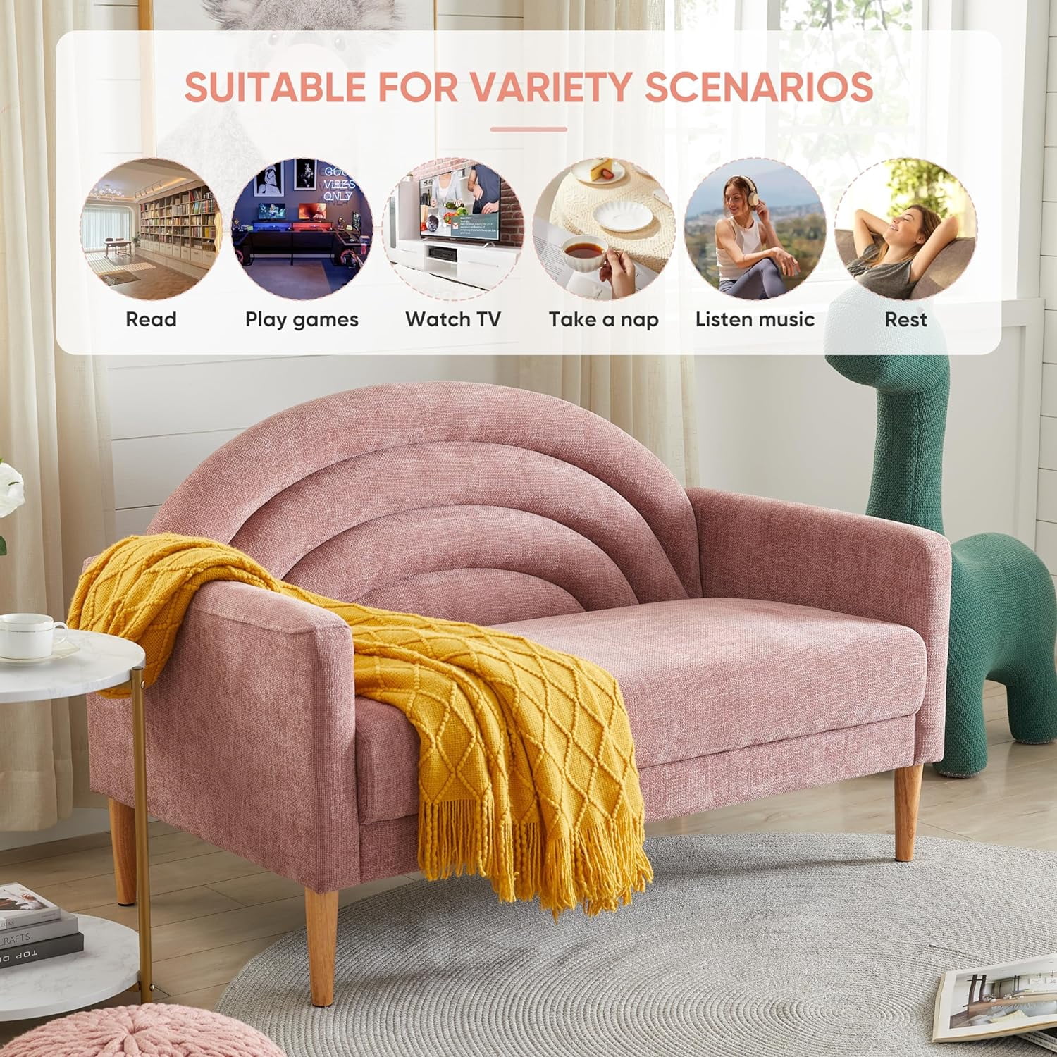 Loveseat Sofa for Small Spaces,49.6" Mid-Century Modern Linen Small Couch with Arched Backrest,2-Seater Upholstered Settee,600 lbs Capacity,Pink