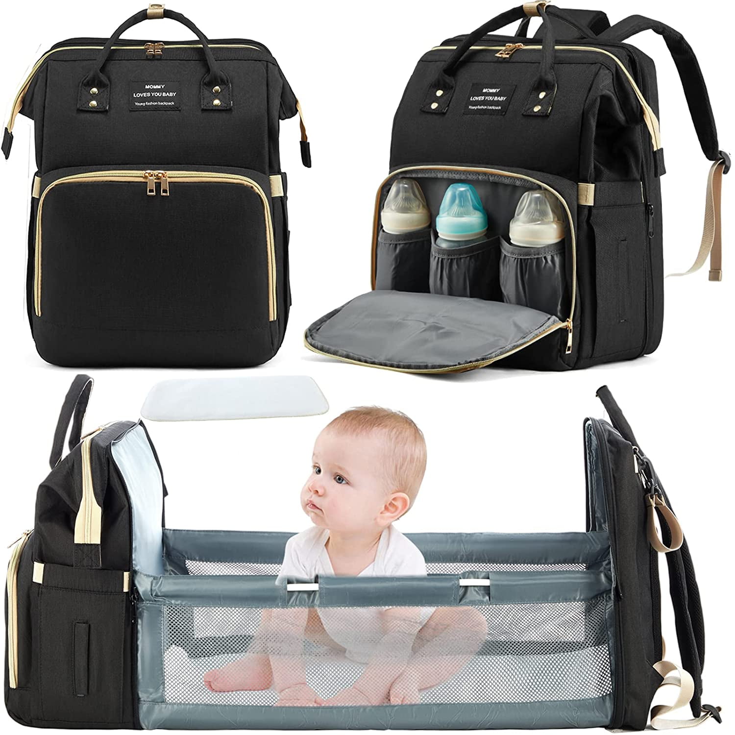 Multi-Function Large-Capacity Waterproof Baby Bag with Portable Changing Pad Green Baby Essentials Travel Bassinet Foldable Baby Bed Mommy Bag Diaper Bag Backpack 