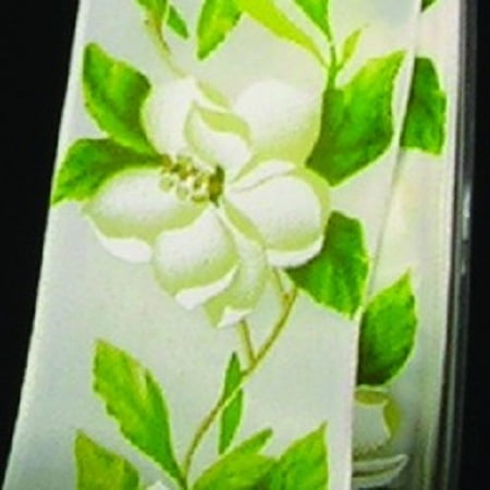 The Ribbon People Ivory and Green Woven Magnolia Print Wired Craft Ribbon 2.5" x 20 Yards