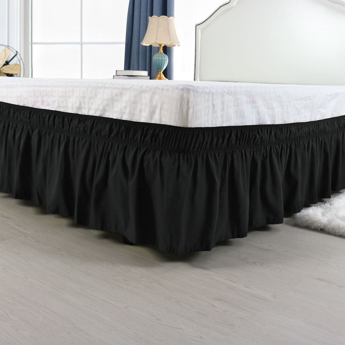 Unique Bargains Polyester Elastic Dust Ruffled Bed Skirt with 15" Drop King Black