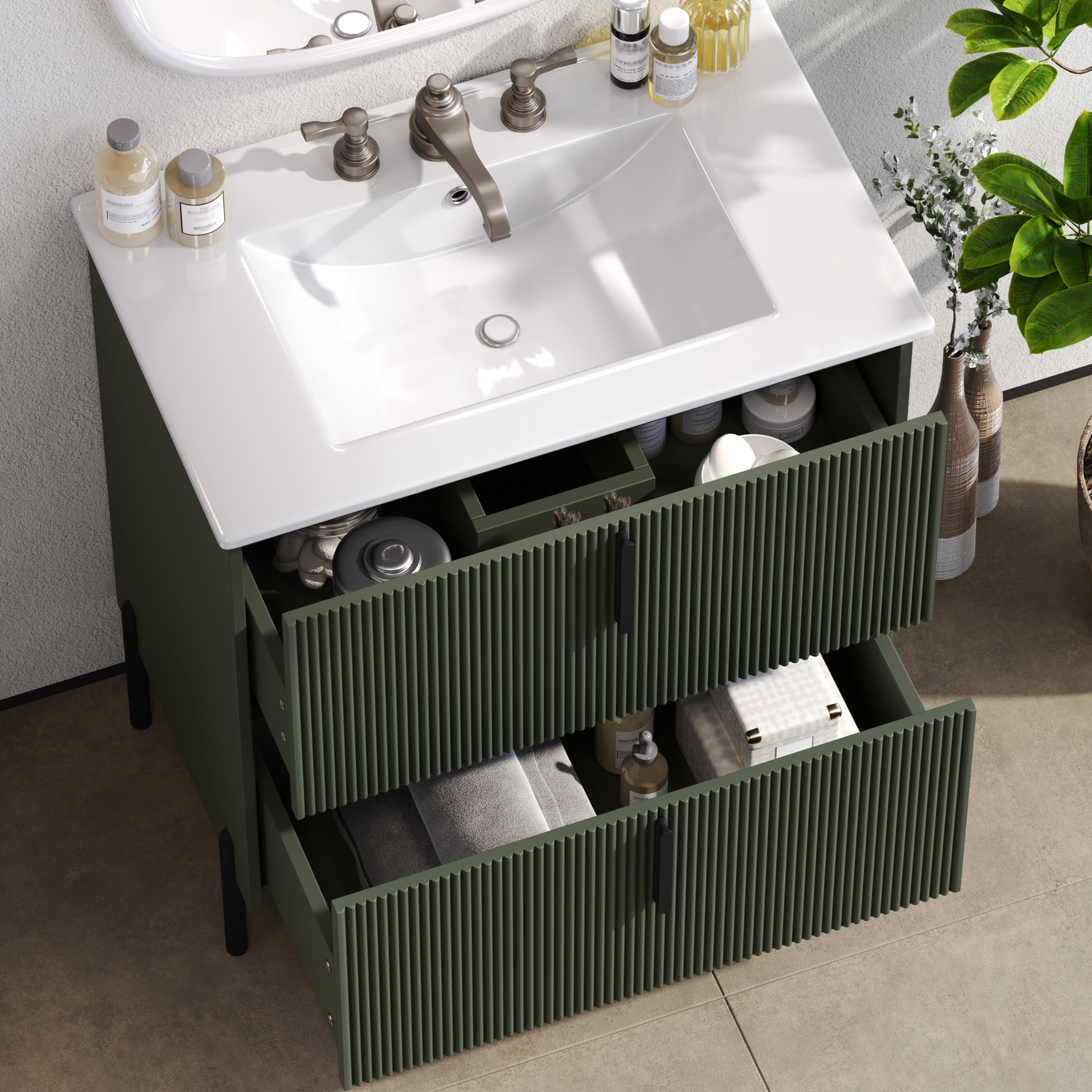 Euroco 30" Bathroom Vanity with Ceramic Sink and Full-Extension Drawers, Soft Close Undermount Drawer Slides, Fluted Design, Green