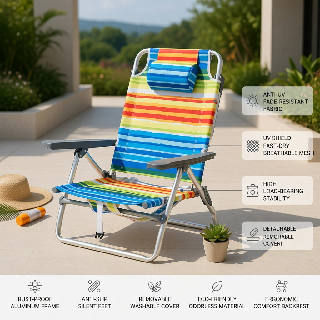 Hommoo 2-Pack Portable Beach Chairs with 5-Position Recline, Padded Headrest, Insulated Cooler Bag & Aluminum Frame, Yellow