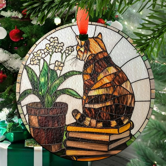 Cat an Book Stained Glass Suncatcher, Book Window Decor, Book Lover Gift, Bookish Ornament, Cat Lover Gift, Gift for her, mom, Stained Glass Ornament 2025, Holiday Decoration,