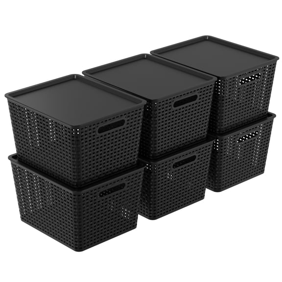 Ramddy Large Plastic Basket with Lid, Black Woven Storage Baskets, 6 Pack