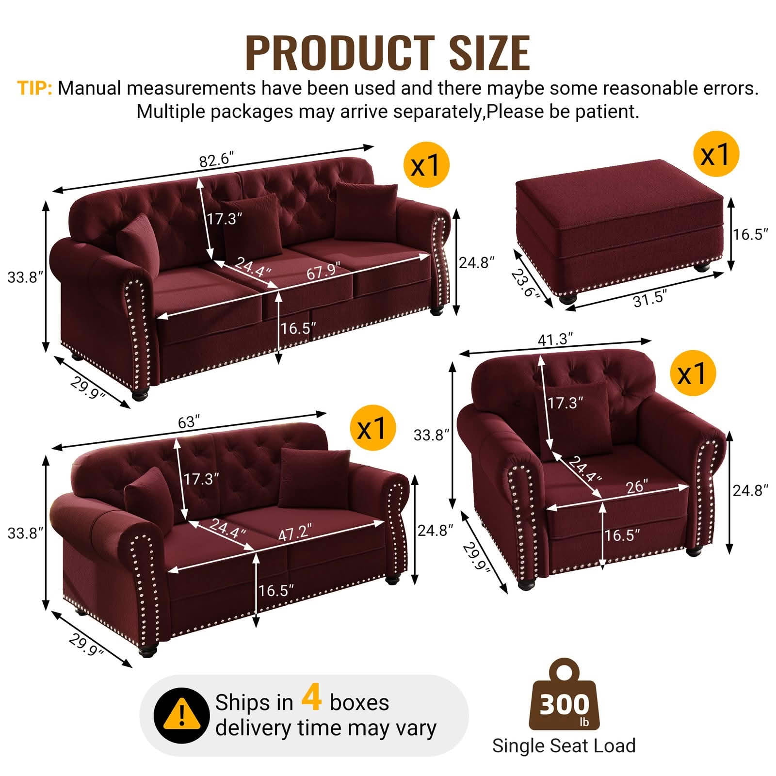 MAYEERTY Velvet Chesterfield Modular Sofa Set, Mid‑Century Modern Couch with Button Tufting, Nailhead Trim & Rolled Armrests, Comes with 1 Ottoman for Home Living Room