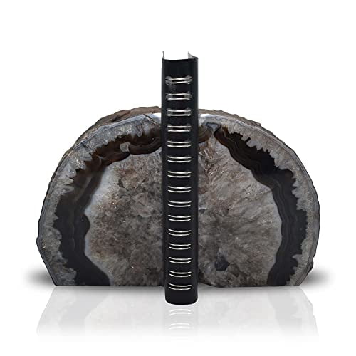 Nature's Decorations Black Agate Bookends - A+ Grade Geode Heavy Duty Decorative Stone Crystal Book Ends for Shelves & Bookcases Natural Polished Bookshelf Decor 1 Pair 6-8Lbs