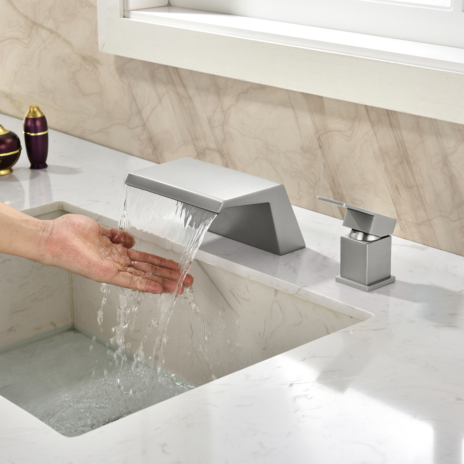 Cobbe Single Handle 2-Hole Mount Bathroom Sink Faucet with Wide Waterfall Spout Brushed Nickel