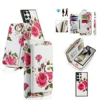 Multifunctional Wallet Case For Samsung Galaxy S22 Plus with RFID Blocking Card Slots,Detachable Purse Soft PU Leather Magnetic Snap Hand Strap Zipper Pocket Cute Flower Case with Carabiners,White