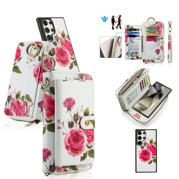 Multifunctional Wallet Case For Samsung Galaxy S24 Plus with RFID Blocking Card Slots,Detachable Purse Soft PU Leather Magnetic Snap Hand Strap Zipper Pocket Cute Flower Case with Carabiners,White