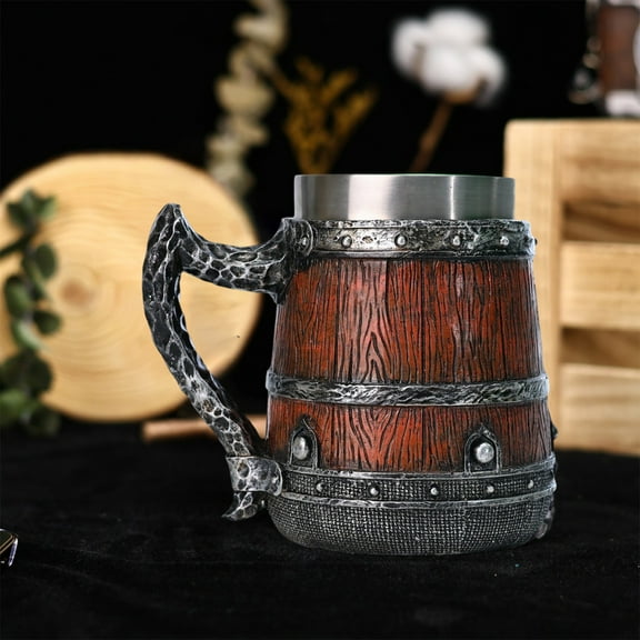 Wooden Barrel Beer Mug,Vintage Pirate Beer Mug,Beer Cup for Party,Stainless Steel Beer Tankard,Tavern Style Mug for Hot or Cold Drinks - Imitation Wood & Iron
