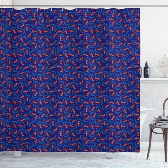 Entomology Shower Curtain, Composition of Dotted Round Blobs and Dragonfly Silhouettes, Fabric Bathroom Set with Hooks, 69W X 70L Inches, Vermilion Indigo Deep Sky Blue, by Ambesonne