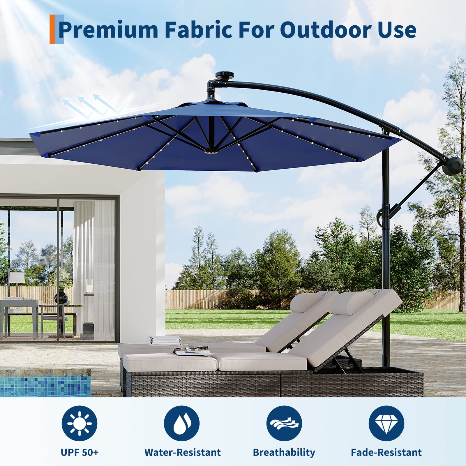 Wildbreak 10 ft Offset Hanging Market Patio Umbrella, with Solar LED, Easy Tilt Adjustment, Blue
