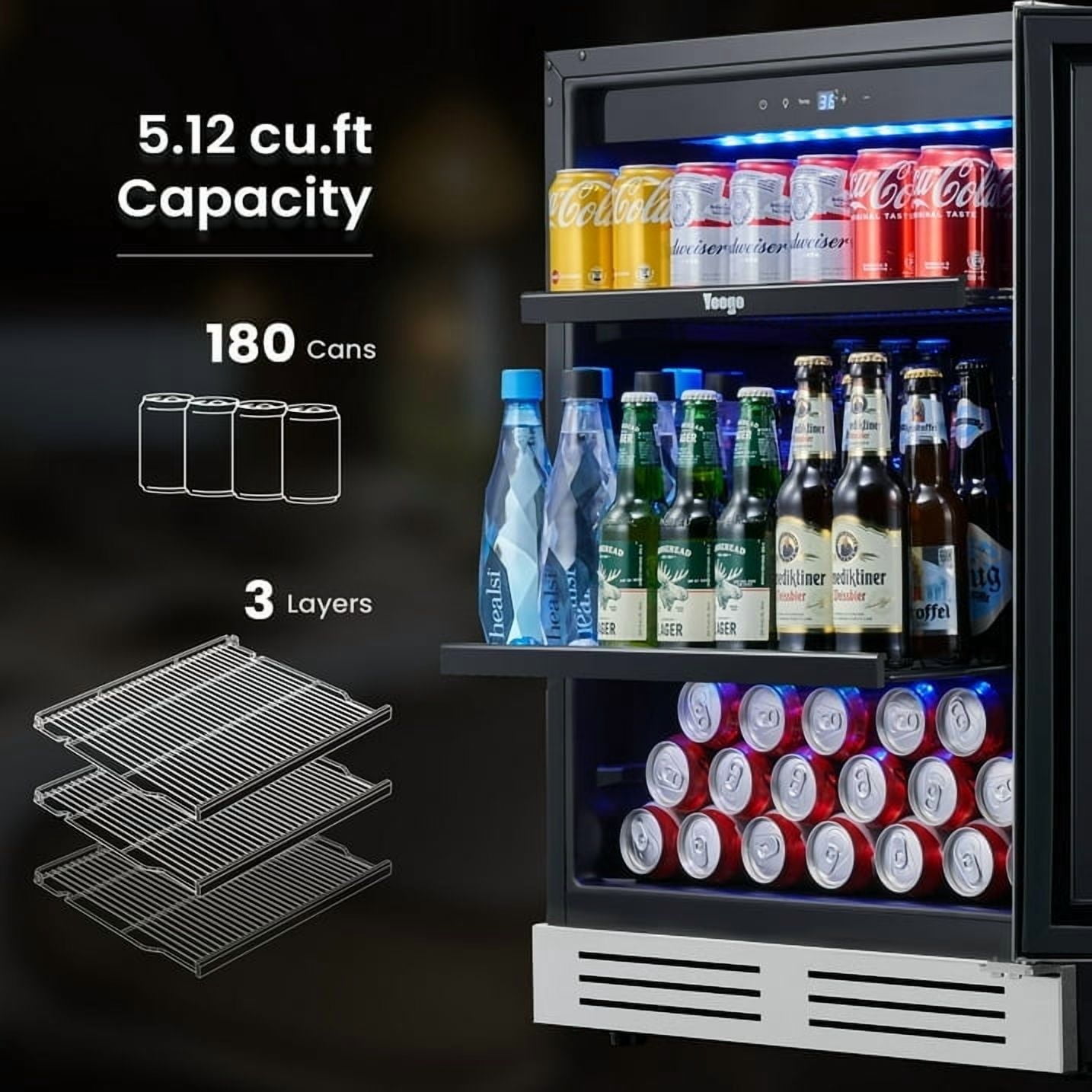 Yeego 180 Cans Beverage Refrigerator Cooler,24in Can Beverage Fridge with Double Layer Galss,Built-in or Freestanding for Beer Soda Water