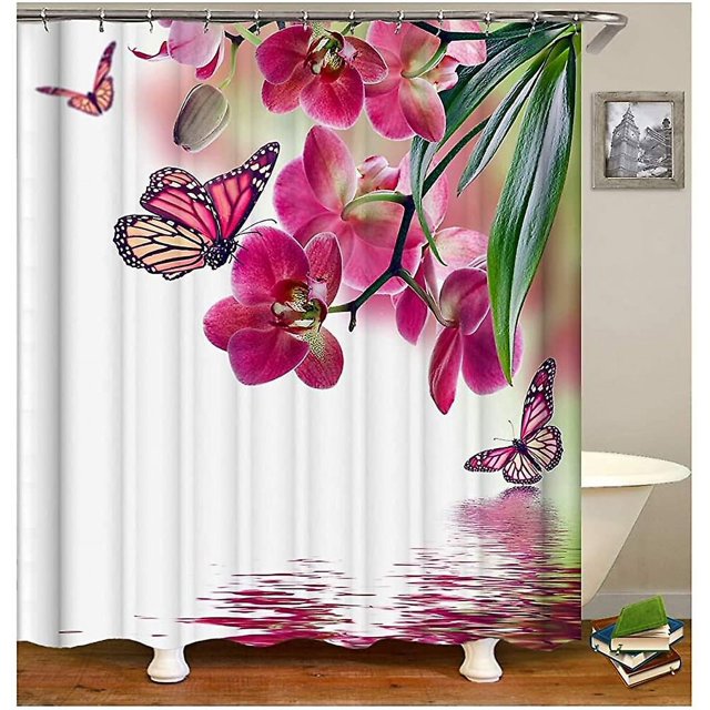 Cortina de Ducha Blanca Foohvr Floral Rosa 180 x 200 cm Poliéster Antimoho