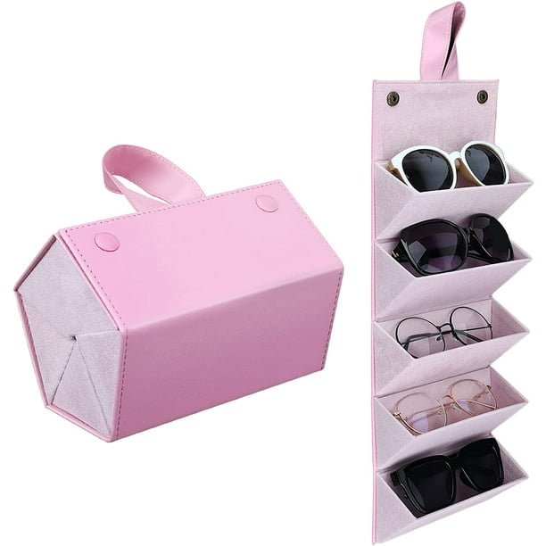 Estuche para gafas con compartimentos, estuche para guardar gafas de sol, estuche plegable, organizador portátil para gafas para hombres y mujeres (color rosa)
