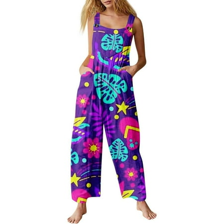 FYEGRE Women s Carnival Jumpsuit Women s Carnival Print Pocket Jumpsuit Fashionable Romper with Unique Design Purple XXL