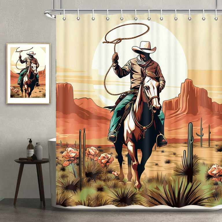 Western Boho Shower Curtain 72x84 Inches – Cowboy Cactus Aztec Print, Waterproof Polyester, Includes 12 Hooks