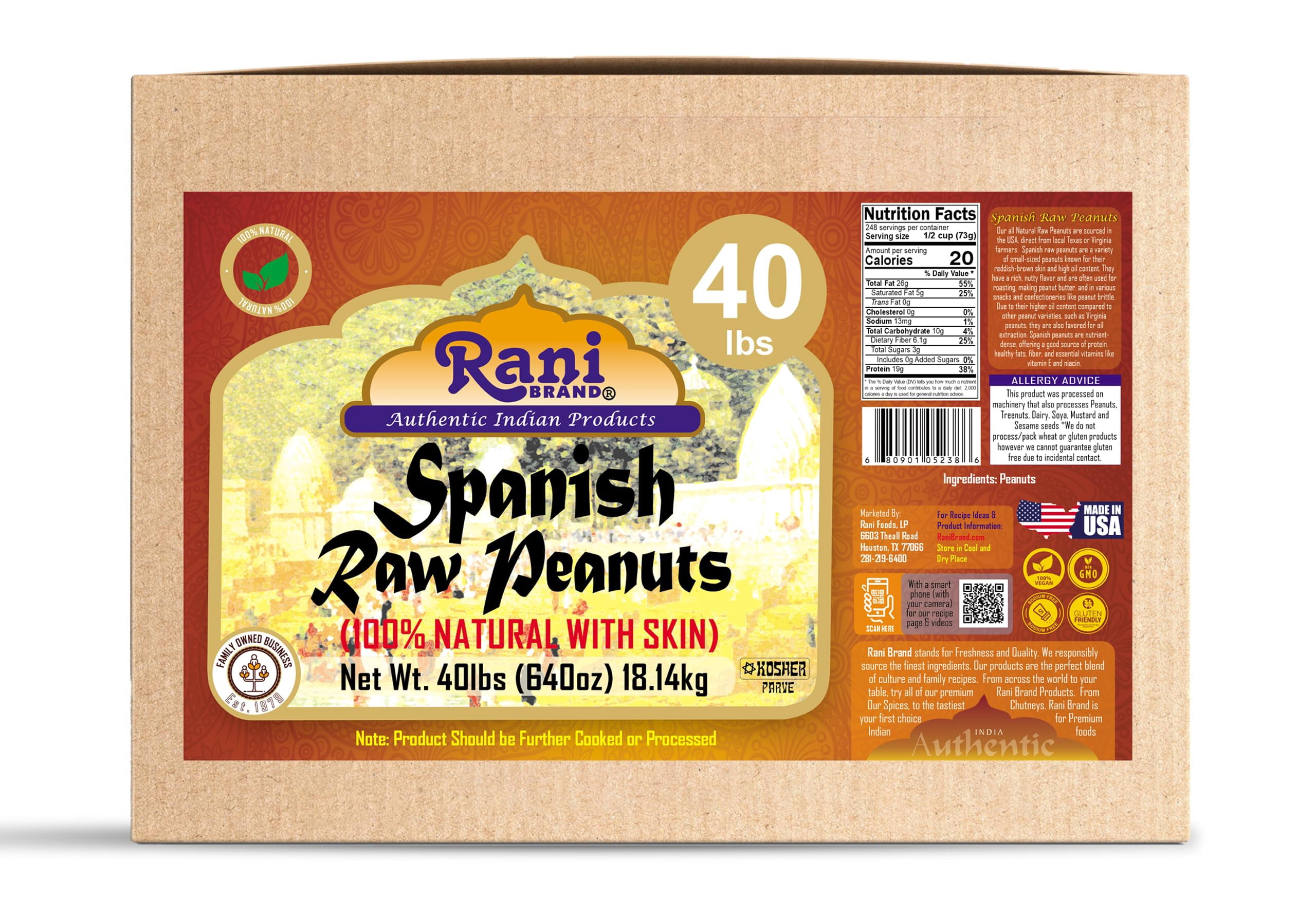 Rani Raw Spanish Peanuts 100% Natural with Skin (uncooked, unsalted) 40lbs (640oz) 18.14kg Bulk Box ~ Vegan | Gluten Friendly | Kosher | Red-brown Skin