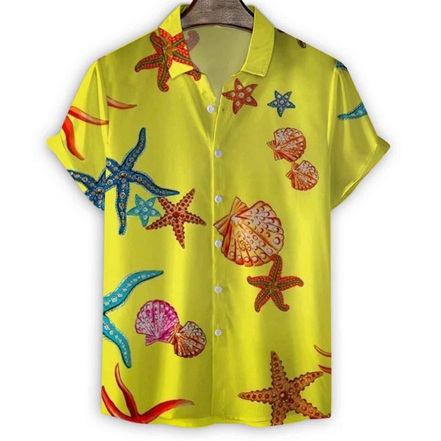 Cartoon Sea Animals Fish 3d Print Shirt Men StarShells Pattern Short Sleeve Tees Fashion Summer Button Lapel Blouse Tops