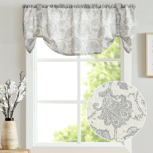 Curtainking Farmhouse Valance 50x20 inch Gray Rustic Floral Rod Pocket Curtain Semi-Sheer Tie Up Valance for Kitchen 1 Panel