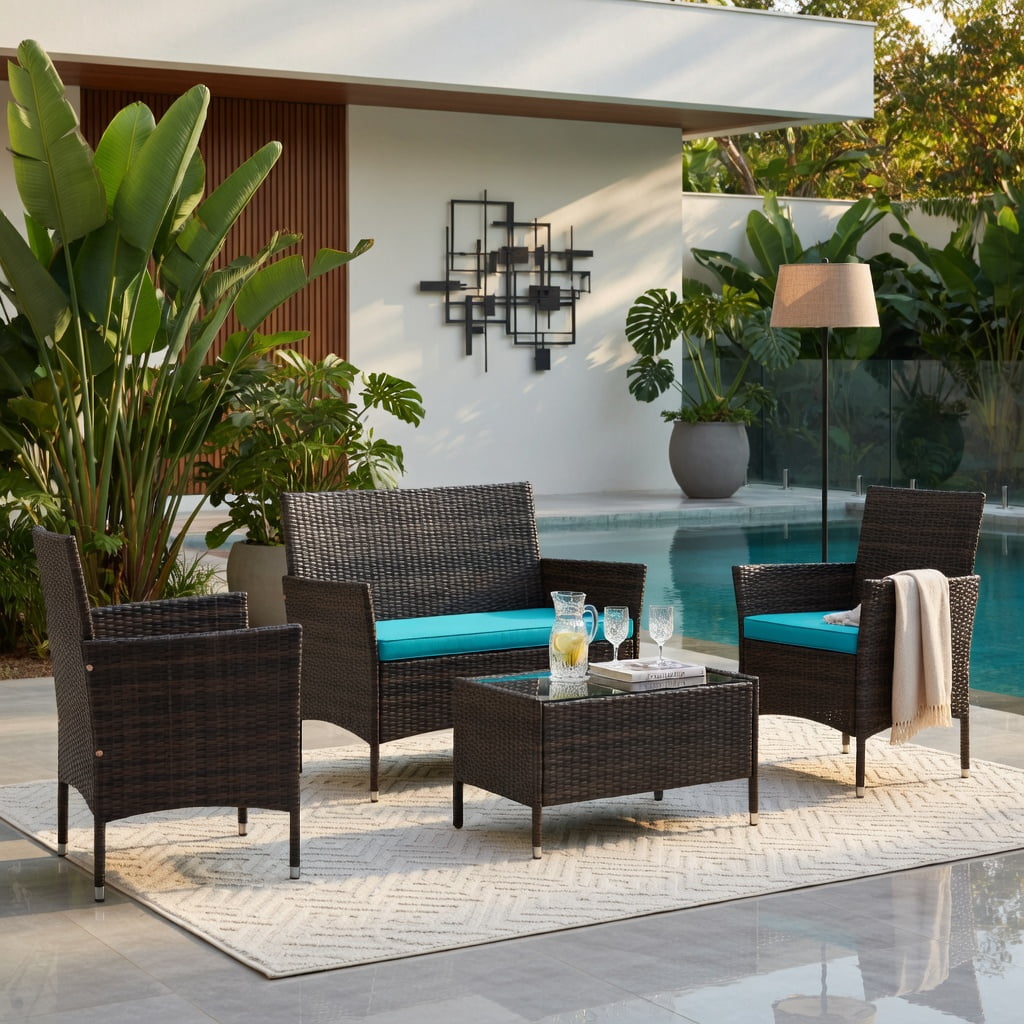 Hommoo 4-Piece Outdoor Rattan Patio Conversation Set with Plush Seat Cushions, PE Wicker Loveseat + 2 Chairs + Tempered Glass Coffee Table, Turquoise