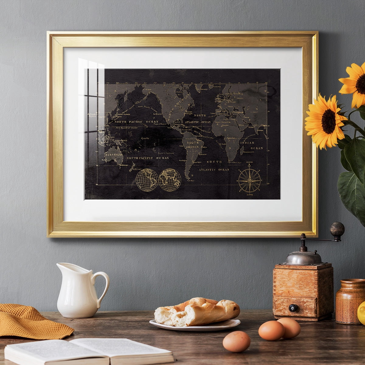 Black Gold Map Premium Framed Print - Ready to Hang