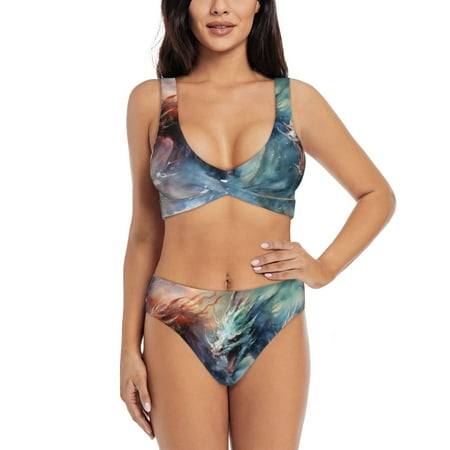 Zeuib Ink Style Wave Dragon High Waisted Tummy Control Bikini Set - Knot Front Push Up Top & Cheeky Thong Bottom  Two-Piece Swimsuit for Women-X-Large