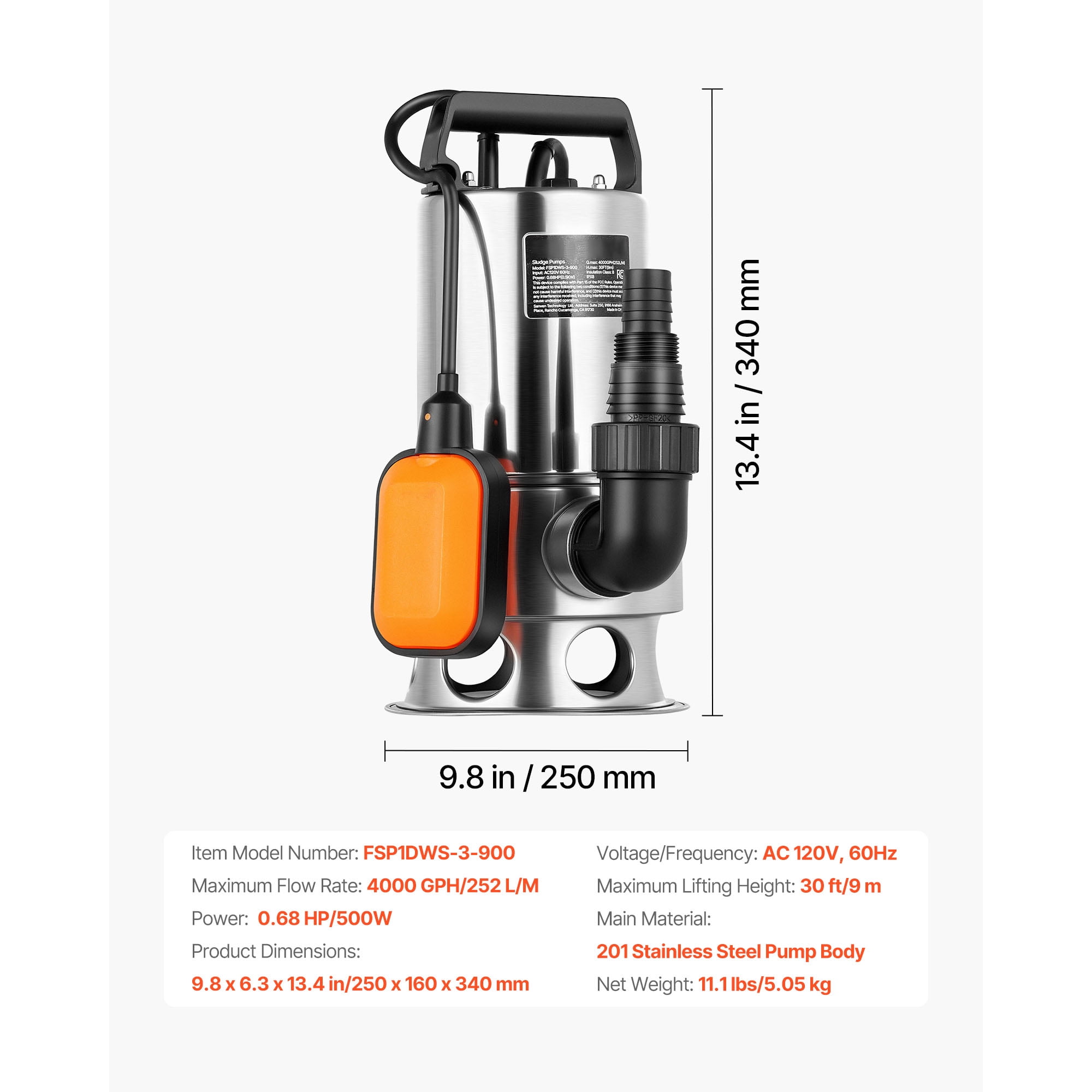 KFFKFF 1 HP Submersible Sump Pump, 5500 GPH, Stainless Steel Water Pump with Float Switch, Extended Cord, 30 ft Lift Capacity, Suitable for Pools, Gardens, Ponds, and Flooded Spaces