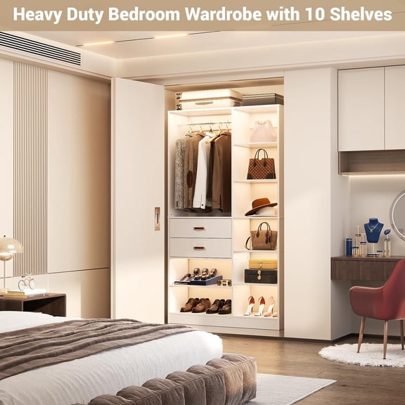 Homieasy 39.4'' W Closet System with Wooden Drawers and Hanging Rods, White
