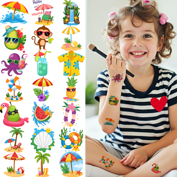 54 Temporary Tattoo Stickers, Waterproof Long Lasting Body Stickers Hawaiian Beach Coconut Tree Ice Cream Swimming Ring Kids Boys Girls Tattoo Stickers Arm Arms Shoulder Cheeks