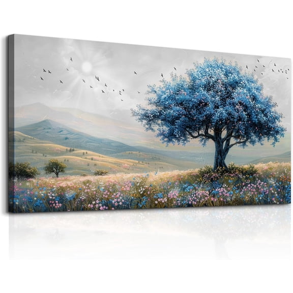 WFSposterLarge Farmhouse Wall Decor For Living Room Frame Wall Art For Bedroom Office Decoration Field Scenery Wall Painting Blue Trees Artwork canva Pictures Modern Aesthetics Home Decor
