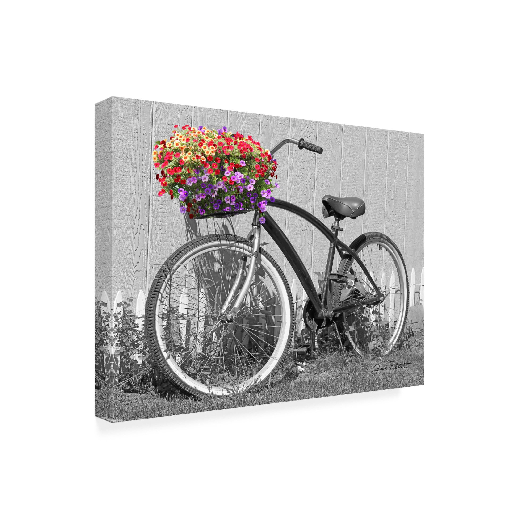 Canvas Wall Art - Jean Plout 'Bike With Flower Basket A' Wall Art for Living Room, Bedroom, or Office Décor by Trademark Fine Art - 32 x 24 Inches