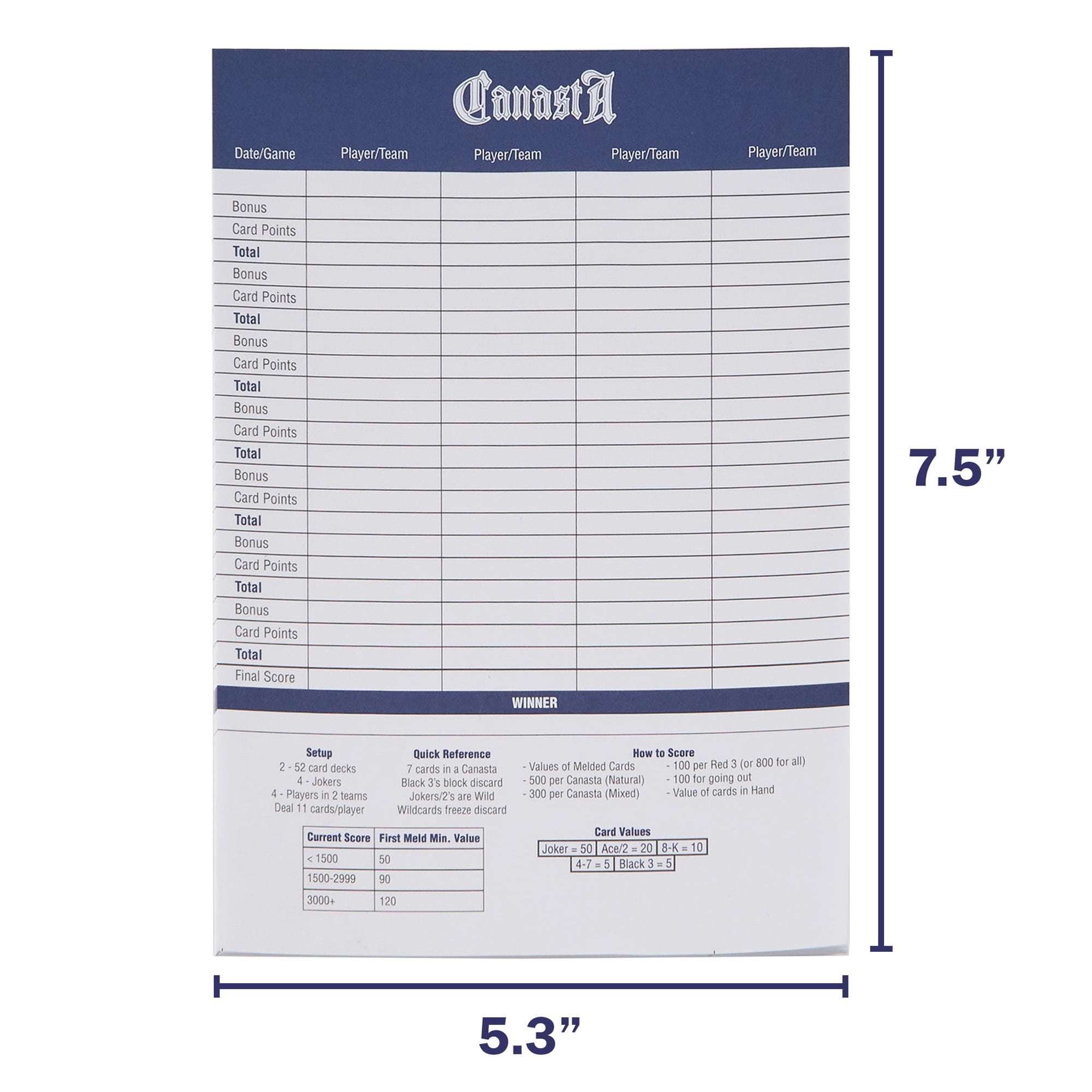 GSE Games & Sports Expert 100-Pack 7 x 5 Canasta Score Pads. Canasta  Score Sheet for Scorekeeping in Classic Canasta Playing Card Game 