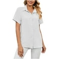 thumbnail image 6 of YYDGH Button Down Shirts for Women Solid Color Short Sleeve Blouse V Neck Collared Tops White M, 6 of 7
