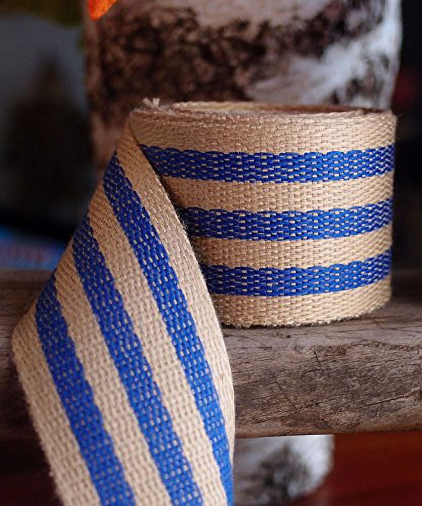 AK-Trading 1.5" inches x 10 Yards Blue Striped Faux Burlap Ribbon for Decoration, Gift Wrapping & Crafting (Blue Stripe)